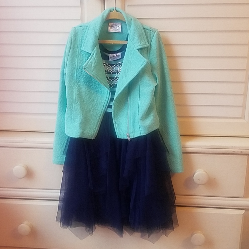 Navy and aqua dress and jacket set